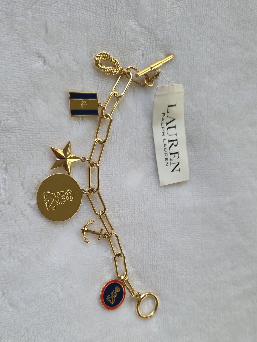 Lauren Ralph Lauren Gold-Tone Nautical Charm Bracelet with Navy and Red Enamel